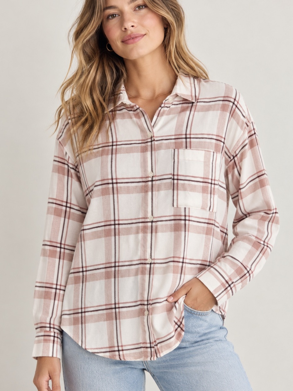 Z Supply Plaid Button Up Shirt Pink Cream Relaxed Fit M